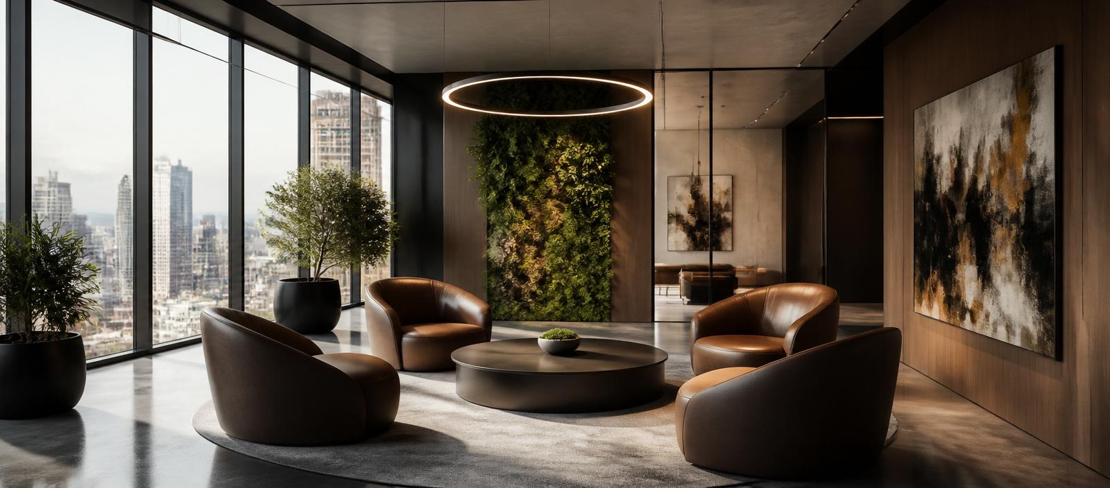 Modern executive lounge with skyline views