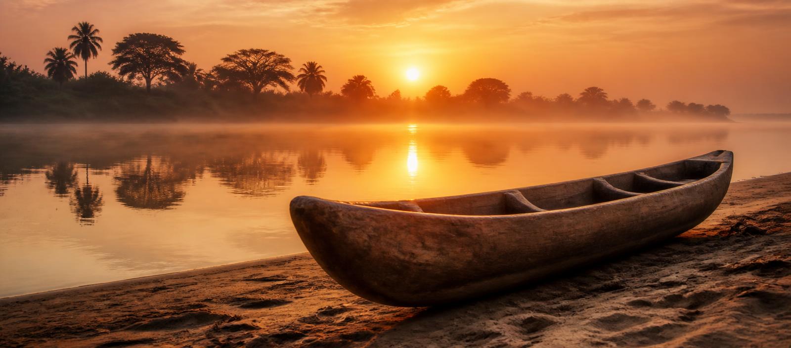 Traditional pirogue canoe on a West African river at golden hour