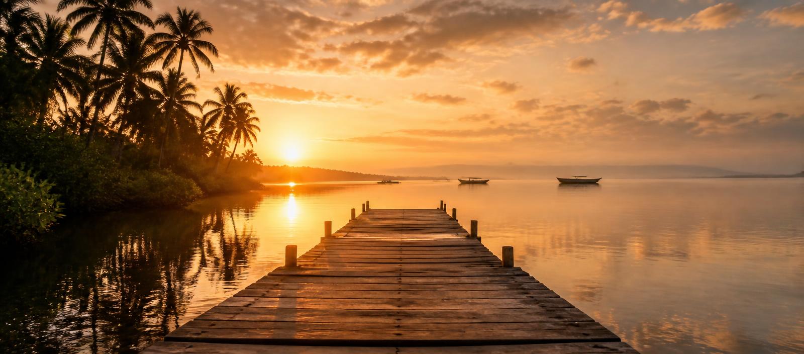 Wooden dock on a West African lagoon at sunrise